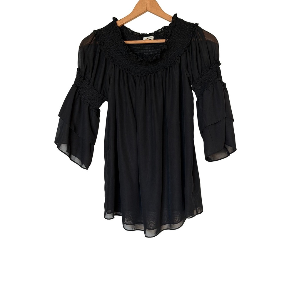 Max Studio Peasant Blouse Women XL Black Smocked Ruffle Tiered Bell Sleeve Sheer